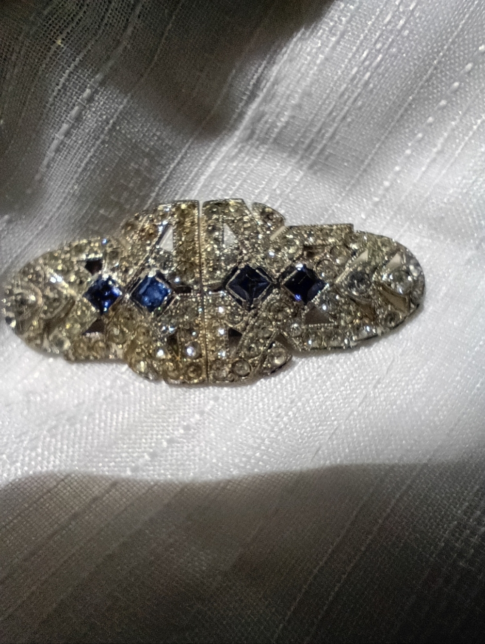 Vintage Coro Duette Rhinestone Clear Blue Art Deco Brooch Fur Clip Jewelry 1930s